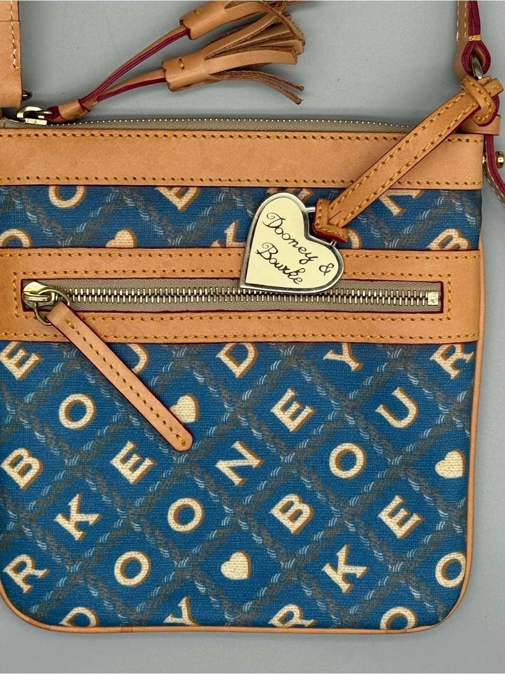 Dooney & Bourke Blue Tan Y2K Letter Carrier Crossbody Monogram Crossword Hearts